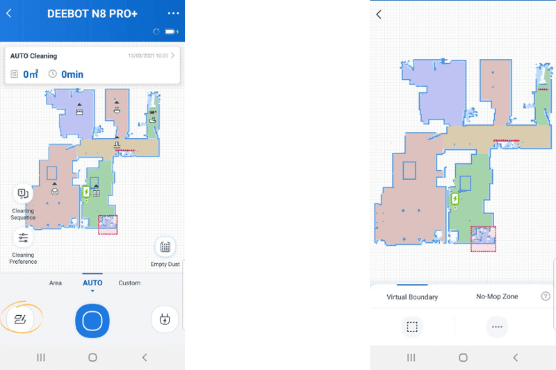 Setting up no-mop zones or no-go zones in the Ecovacs Home App.